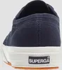 The back view of a navy blue Superga sneaker with a white sole and orange accents on the bottom. Produktbild-Vorschau