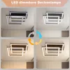 A collage showing a modern LED ceiling lamp in different lighting conditions and colors. Voir les images du produit