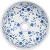 A top-down view of a round ceramic sink with a blue floral pattern. Náhled obrázku produktu