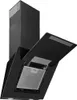 A black angled kitchen hood with its glass panel open, revealing the filter and lights. Produktbild-Vorschau