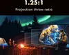 A projector displaying an image of a robot dog and a person in a forest setting at night with the aurora borealis in the sky. Náhled obrázku produktu