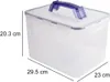 A clear, well-lit studio shot of a transparent plastic storage box with a purple handle and lid clasps. Dimensions are indicated with lines and text. Produktbild-Vorschau