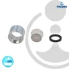 Three plumbing parts are displayed on a white and light gray background with a large, abstract curved shape. Produktbild-Vorschau