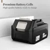 A black power tool battery with white text and accents, placed on a light gray and white background. Produktbild-Vorschau