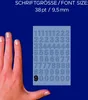 A hand is shown next to a sheet of numbered stickers, with text indicating font size. Produktbild-Vorschau