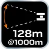 Diagram showing field of view and distance measurement, with text indicating 128m at 1000m. Podgląd zdjęcia produktu