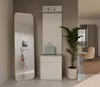 A hallway vignette featuring a tall mirror, a coat rack with storage, and a potted plant. Produktbild-Vorschau