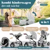 A mother holding her baby with a stroller in the background, showcasing different configurations of a 4-in-1 stroller system. Produktbild-Vorschau