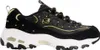 A side view of a black Skechers D'Lites sneaker with gold accents and a white sole. Voir les images du produit