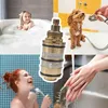 A collage of four images showing different aspects of showering and bathroom use, with a central image of a shower cartridge. Produktbild-Vorschau