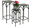 Three black metal plant stands of varying heights are arranged on a white background. A potted plant with red flowers sits on the middle stand. Produktbild-Vorschau