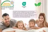 A family lying on a bed, with certifications and text about product quality. Produktbild-Vorschau