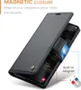 A black leather phone case is shown open, revealing a phone screen and a magnetic closure feature. Produktbild-Vorschau