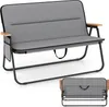 A gray camping loveseat is shown from a front-diagonal angle, with a smaller image below showing it folded. Produktbild-Vorschau