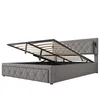 A grey upholstered bed frame with the mattress support mechanism lifted to reveal storage space underneath. Produktbild-Vorschau
