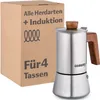 A stainless steel coffee maker with a wooden handle is shown next to its cardboard packaging. The packaging has German text and graphics. Anteprima dell’immagine prodotto