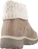 A side view of a beige boot with a cream knitted cuff. Voir les images du produit