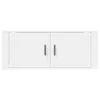 A white TV cabinet with two doors and black handles, shown against a white background. Voir les images du produit