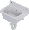 A white sink with plumbing attached, shown from a diagonal angle. Produktbild-Vorschau
