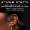 Close-up of a person wearing bone conduction headphones, with marketing text overlayed. Produktbild-Vorschau