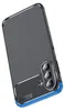 A black and gray carbon-look phone case with a blue trim, shown from a diagonal angle. Produktbild-Vorschau