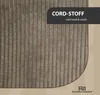 A close-up of corduroy fabric with a marketing overlay and a logo. Produktbild-Vorschau