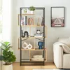 A modern bookshelf filled with decorative items and books, placed in a well-lit room next to a sofa. Podgląd zdjęcia produktu