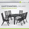 A dark gray aluminum garden furniture set with a table and six chairs, set against a light gray and white background with a subtle wave pattern at the top. Produktbild-Vorschau