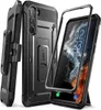 A black phone case with a built-in kickstand and a belt clip is shown next to a smartphone. Produktbild-Vorschau