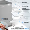 An exploded view diagram of a mini refrigerator, showing its internal components and accessories, with a hand holding keys in the foreground. Produktbild-Vorschau