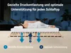 A person sleeping on a mattress supported by a slatted bed base, with diagrams illustrating pressure relief and support. Produktbild-Vorschau