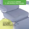 A close-up view of a light blue cosmetic chair, highlighting its features with text overlays. Produktbild-Vorschau