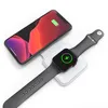 A smartphone and a smartwatch are placed on a white wireless charging pad. Produktbild-Vorschau