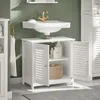 A white bathroom vanity cabinet with a sink and faucet above it, set against a green wall. Produktbild-Vorschau