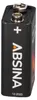 A close-up studio shot of a black 9V battery with white text and a logo. Produktbild-Vorschau