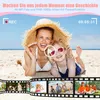 A mother and daughter are lying on a beach, smiling and laughing. A film strip montage of family photos is shown at the bottom. Produktbild-Vorschau