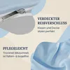 Marketing image with text overlays highlighting product features, showing a close-up of a zipper and a folded piece of fabric. Produktbild-Vorschau