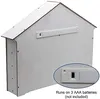 The back of a white, house-shaped advent calendar with a battery compartment and text indicating it runs on AAA batteries. Voir les images du produit