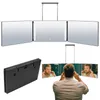 A collage of images showing a foldable LED makeup mirror, its folded state, and a person using it. Produktbild-Vorschau