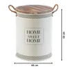 A cream-colored metal laundry bin with a wooden lid and rope handles, featuring the text 'HOME SWEET HOME' on the front. Dimensions are indicated. Náhled obrázku produktu