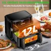 An air fryer with food inside, placed on a table with food and drinks in the background. Produktbild-Vorschau