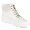 A white high-top sneaker boot with beige laces and faux fur trim. Produktbild-Vorschau