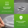 Collage of images showing features of a microwaveable container. Produktbild-Vorschau