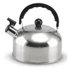 A stainless steel whistling kettle with a black handle and lid knob, isolated on a white background. Voir les images du produit