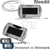 A sketch-style illustration of a digital parking meter, with smaller inset images of the actual product in black and blue. Text describes materials, colors, and origin. Produktbild-Vorschau