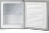 An open, empty mini-refrigerator with one shelf and the freezer compartment door open. Produktbild-Vorschau