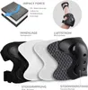 Diagrams showing the layers and construction of protective gear, with a close-up of a person wearing elbow pads. Produktbild-Vorschau