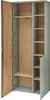 An open wardrobe with wooden doors and shelves, set against a white background. Produktbild-Vorschau