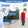A young child is pulling a blue wooden wagon with large wheels. Produktbild-Vorschau