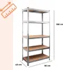 A silver metal shelving unit with wooden shelves is shown against a light beige and white background. Dimensions are indicated with text and lines. Produktbild-Vorschau